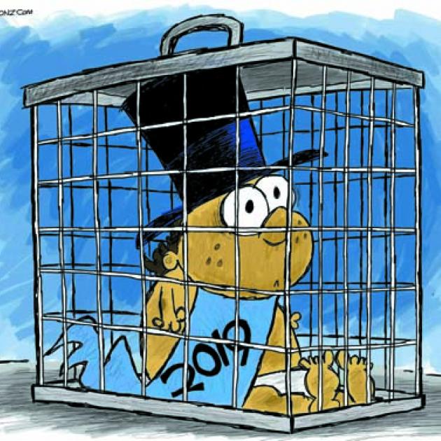 Baby in top hat with 2019 sash in a cage looking scared