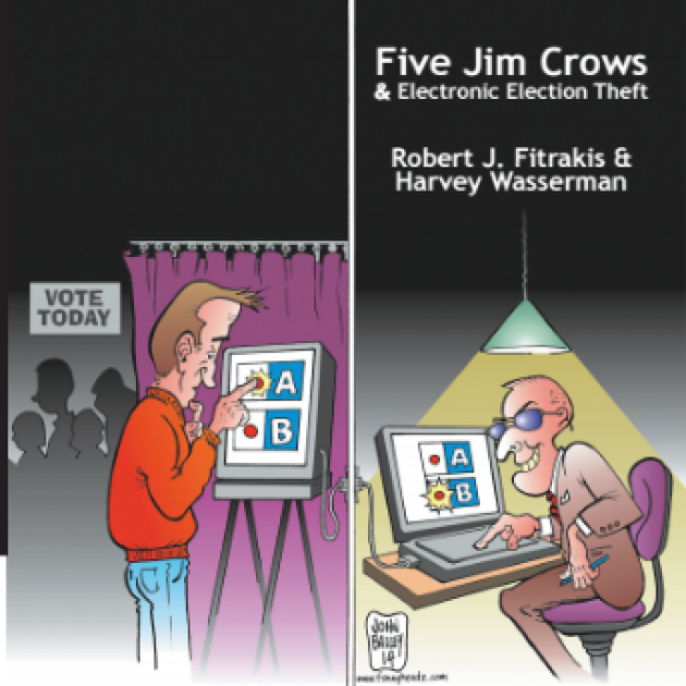 Cover of the book with picture of a guy voting on one side and a guy programming the voting machine to flip the vote on the other side