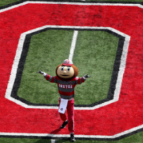 Brutus Buckeye on the football field