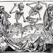 Black and white drawing of scary medieval skeletons