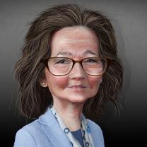 Caricature of white lady with glasses and brown hair