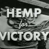 Black and white old time photo of rope on a ship and the words Hemp for VIctory