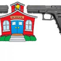 Drawing of a schoolhouse with two large guns on each side aimed at it