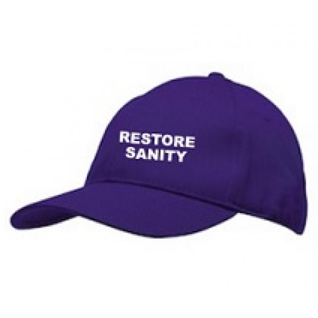 Purple baseball cap that says Restore Sanity