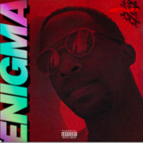 Red background with face of black man wearing sunglasses and the word ENIGMA in blue and pink running up the left side