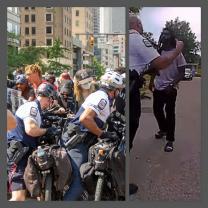 Two pictures one of cops and protesters, one of a cop getting ready to punch a guy