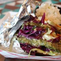 Vegan Tacos, Hominy Thai Tofu, taco with jicama cabbage slaw, red cabbage and salsa verde with a side of cilantro lime rice.