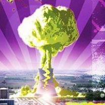 Purple background with nuke plant blowing up in a mushroom cloud